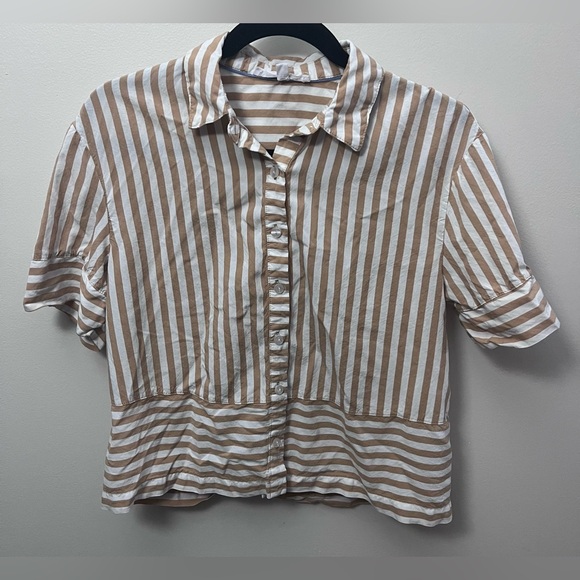 Jane and Delancey Tops - Jane and Delancey Brown and White Striped Button Down Shirt